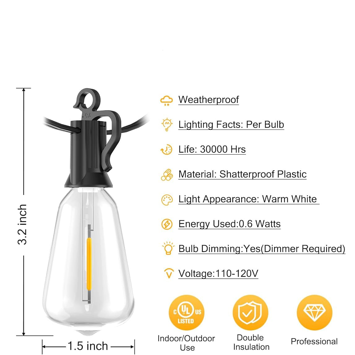LED Outdoor String Lights 50FT Patio Lights